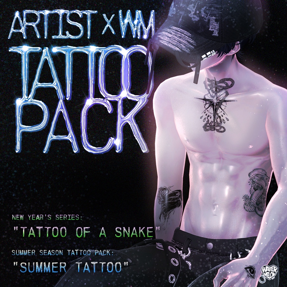 【VRChat】 [Artist  x WM] Tattoo Pack : "Tattoo of a Snake "+  "Summer tattoo" /  Tattoo, タトゥー、刺青、イレーズ味を出せる、 みんなのタトゥーテクスチャー
