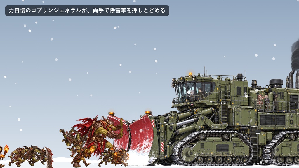 デスクトップ除雪Vプラウ|押し寄せるゴブリンをV字プラウで吹き飛ばす、除雪車のWindows常駐ソフト