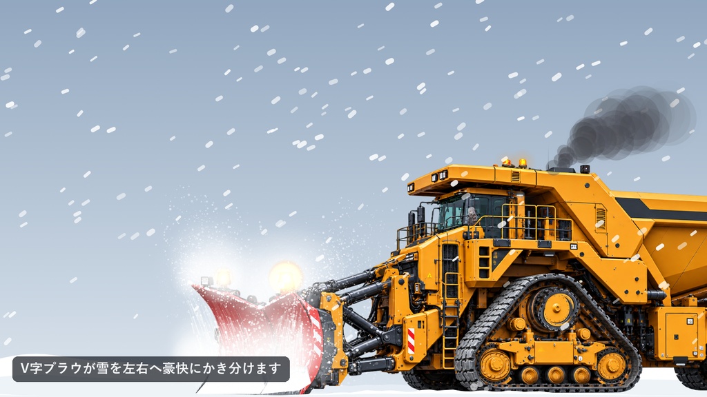 デスクトップ除雪メガクローラー|巨大な三角クローラーの除雪車がV字プラウで雪をかき分ける、Windows常駐ソフト