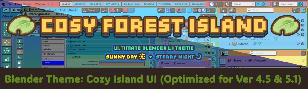 【Blender 4.5/5.1】Cozy Island UI (Crossing Horizons Day & Night) テーマ / Theme