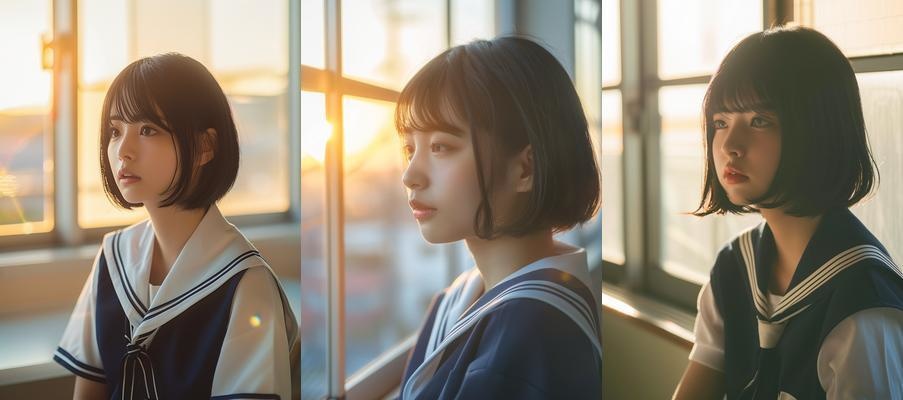 放課後の夕暮れ美女素材｜Yugure Set 01 セーラー服 × 黒髪ショート × 切なげな表情（PNG 3枚）