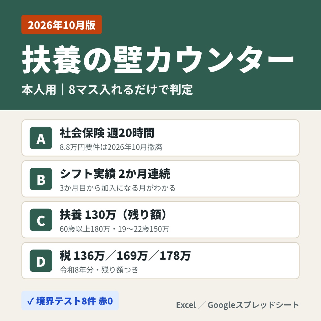 扶養の壁カウンター 2026年10月版(本人用)Googleスプレッドシート/Excel