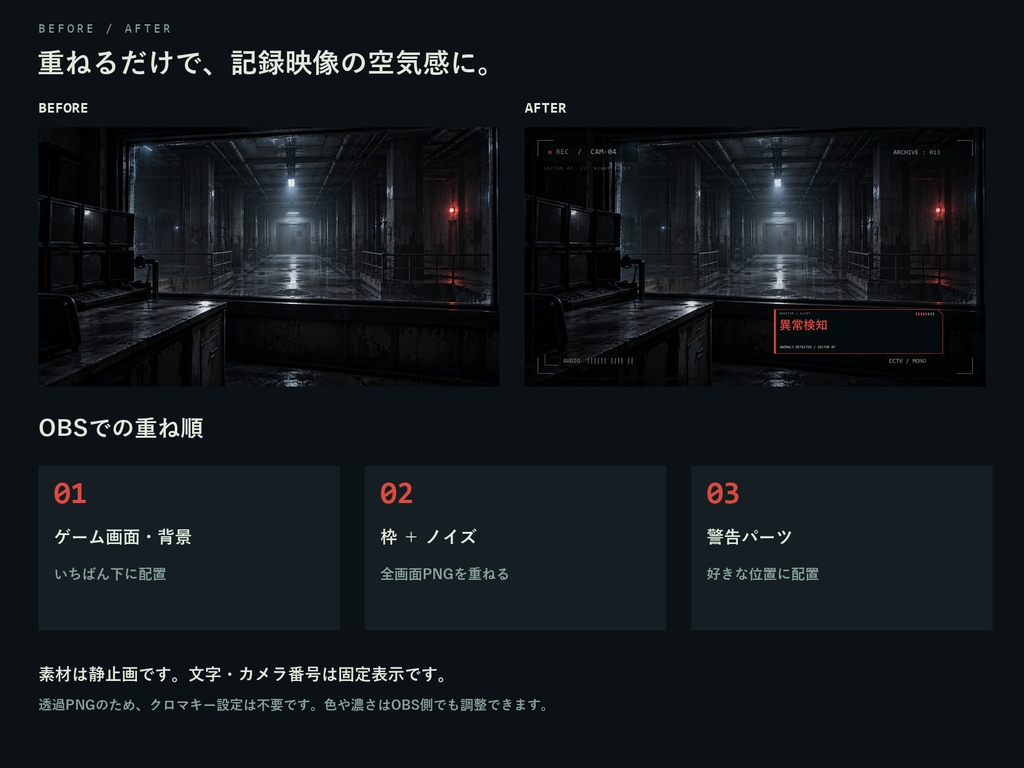 深夜監視室|ホラー配信演出素材24点セット【透過PNG・商用利用OK】