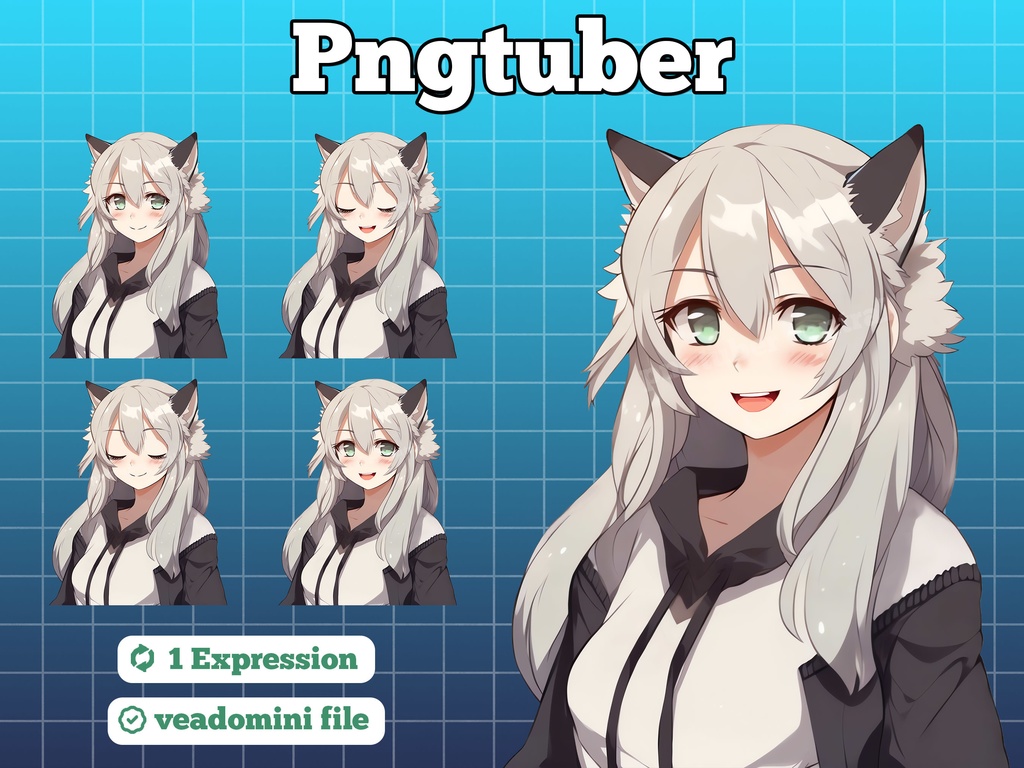 pngtuber, pngtuber premade, pngtuber overlay, pngtuber twitch, pngtuber model, pngtuber assets, anime cat girl silver long hair