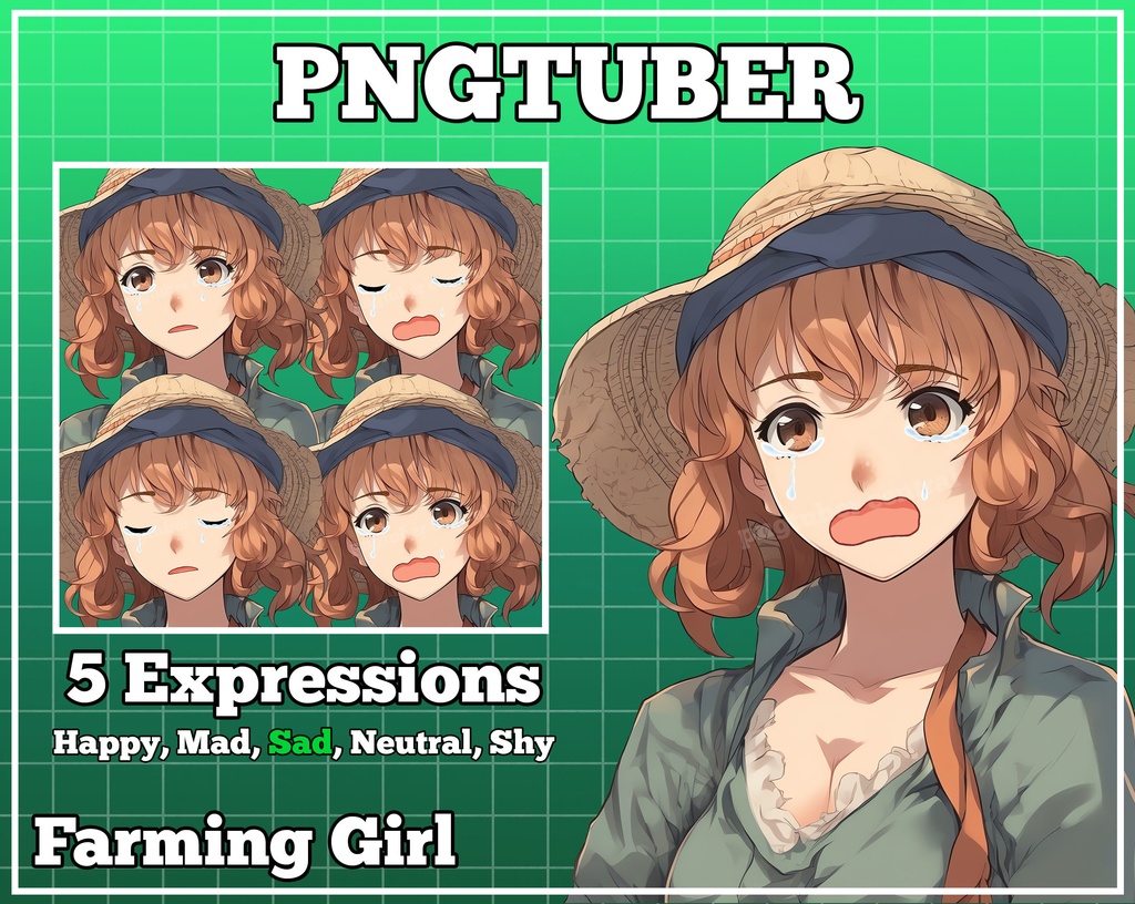 pngtuber, pngtuber premade, pngtuber overlay, pngtuber twitch, pngtuber model, pngtuber assets, anime girl farmer straw hat 2