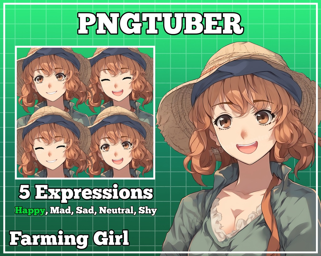 pngtuber, pngtuber premade, pngtuber overlay, pngtuber twitch, pngtuber model, pngtuber assets, anime girl farmer straw hat 2