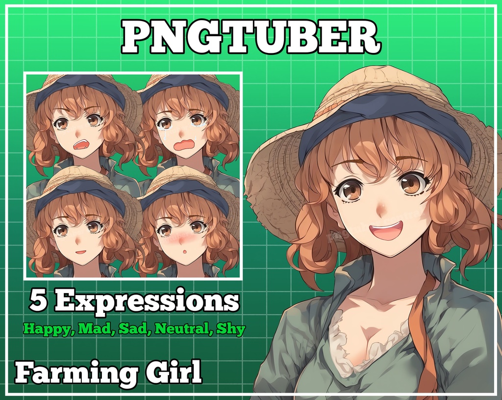 pngtuber, pngtuber premade, pngtuber overlay, pngtuber twitch, pngtuber model, pngtuber assets, anime girl farmer straw hat 2