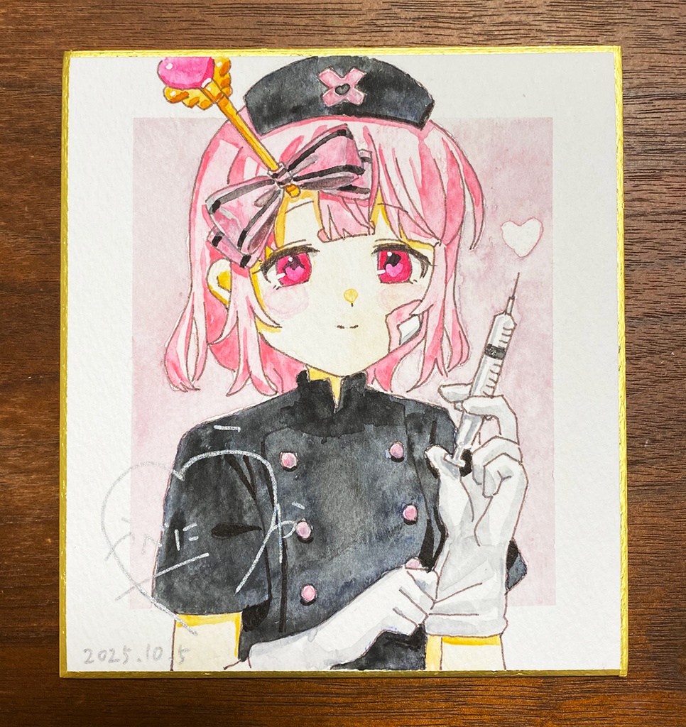 【オリジナル手描き水彩画色紙】黒ナース