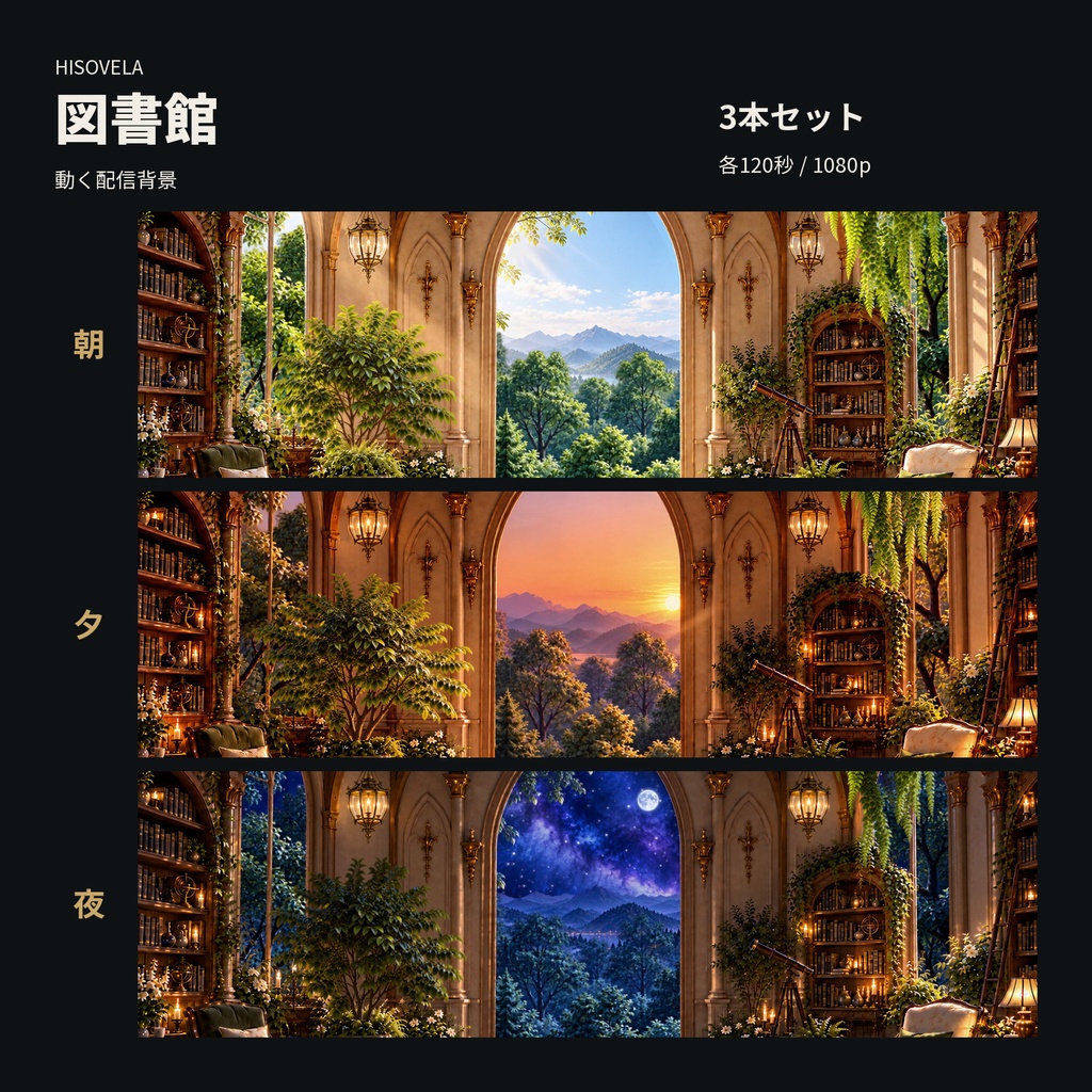 【動く配信背景】魔法図書館|朝・夕・夜 3本セット