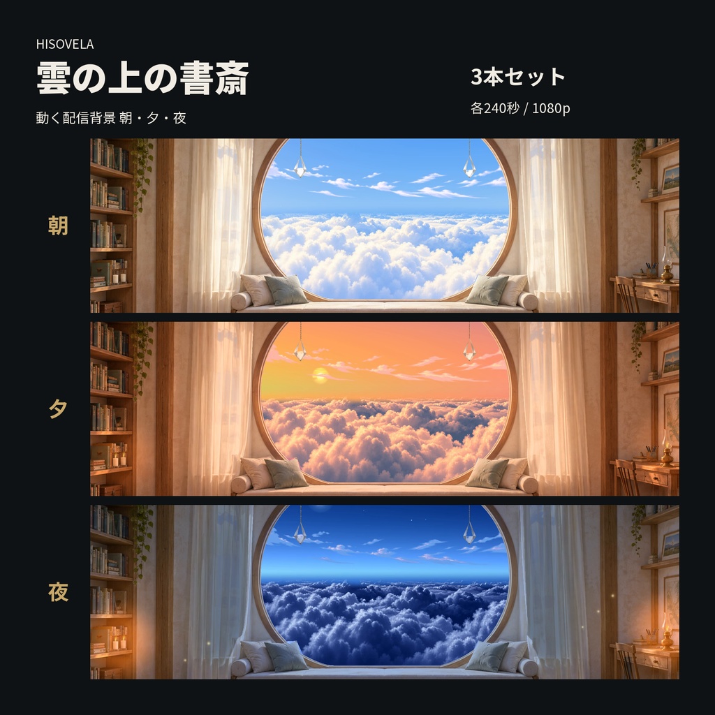 【動く配信背景】雲の上の書斎|朝・夕・夜 3本セット