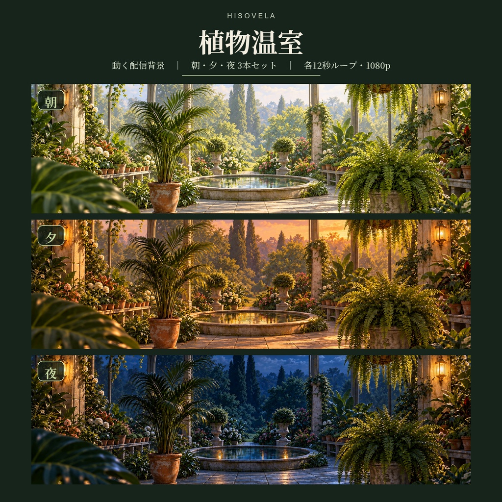 【動く配信背景】植物温室|朝・夕・夜 3本セット