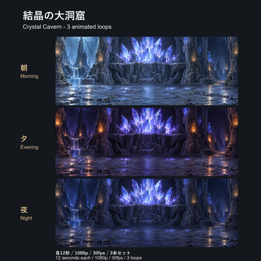 【動く配信背景】結晶の大洞窟|Crystal Cavern|朝・夕・夜 3本セット