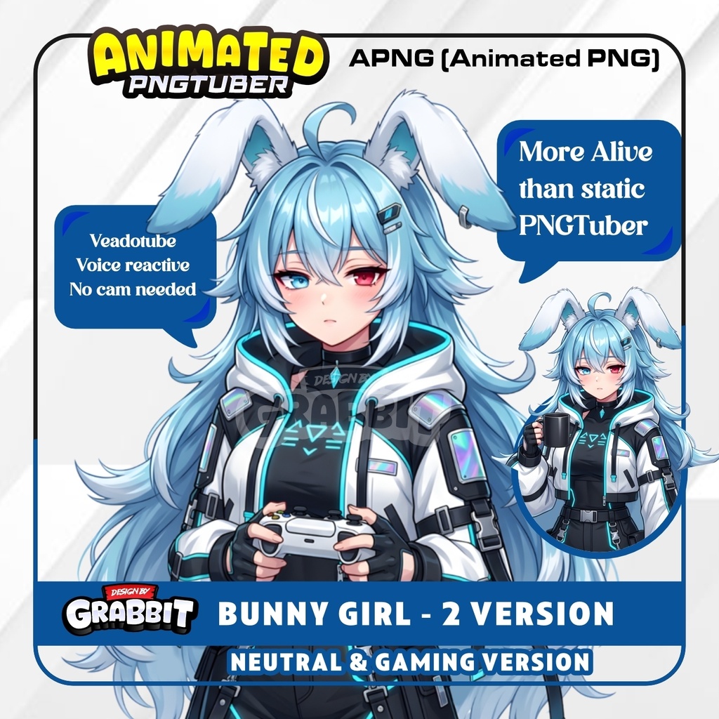 Cyber Bunny Girl PNGTuber Model | Blue Hair Rabbit vtuber model | Futuristic Gamer Girl PNGTuber , 2 versions | Veadotube Mini Avatar