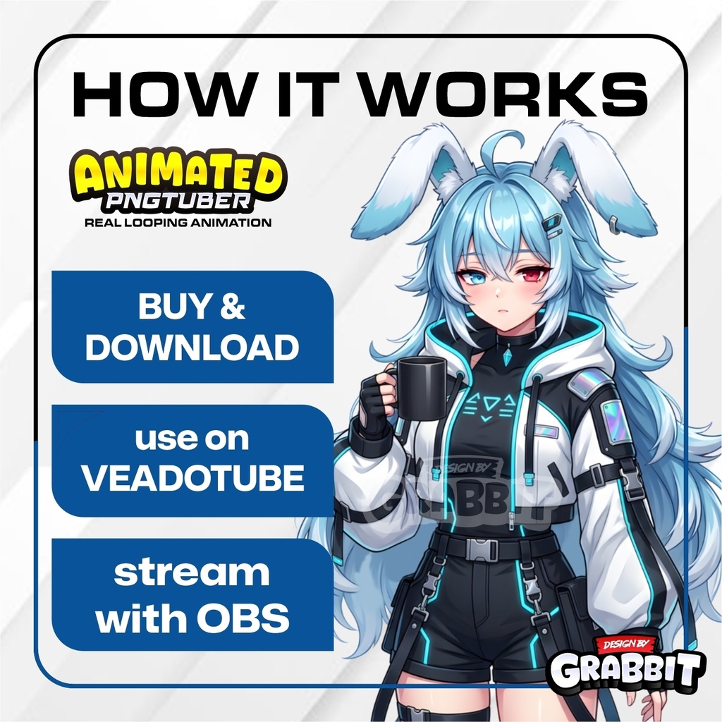 Cyber Bunny Girl PNGTuber Model | Blue Hair Rabbit vtuber model | Futuristic Gamer Girl PNGTuber , 2 versions | Veadotube Mini Avatar