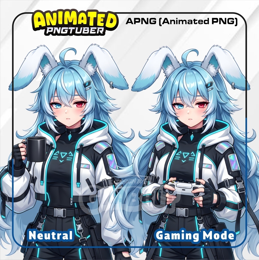 Cyber Bunny Girl PNGTuber Model | Blue Hair Rabbit vtuber model | Futuristic Gamer Girl PNGTuber , 2 versions | Veadotube Mini Avatar