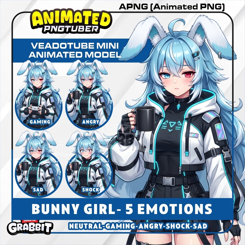 Veadotube - Cyber Bunny Girl PNGTuber Model | Blue Hair Rabbit vtuber model | Futuristic Gamer Girl PNGTuber   | 5 expressions