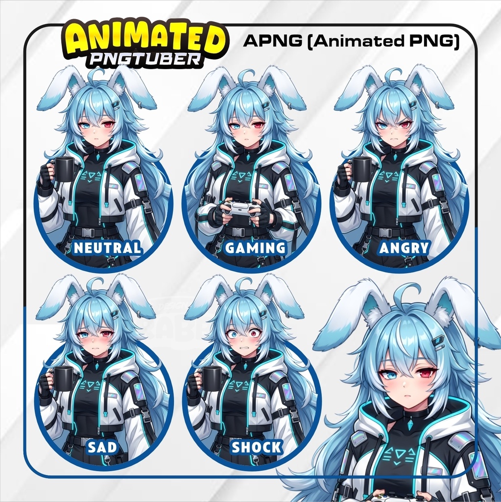 Veadotube - Cyber Bunny Girl PNGTuber Model | Blue Hair Rabbit vtuber model | Futuristic Gamer Girl PNGTuber | 5 expressions