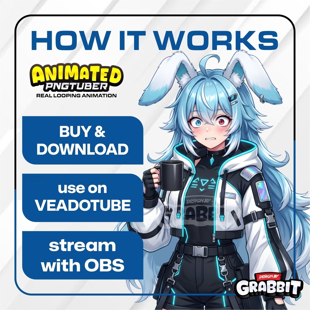 Veadotube - Cyber Bunny Girl PNGTuber Model | Blue Hair Rabbit vtuber model | Futuristic Gamer Girl PNGTuber | 5 expressions