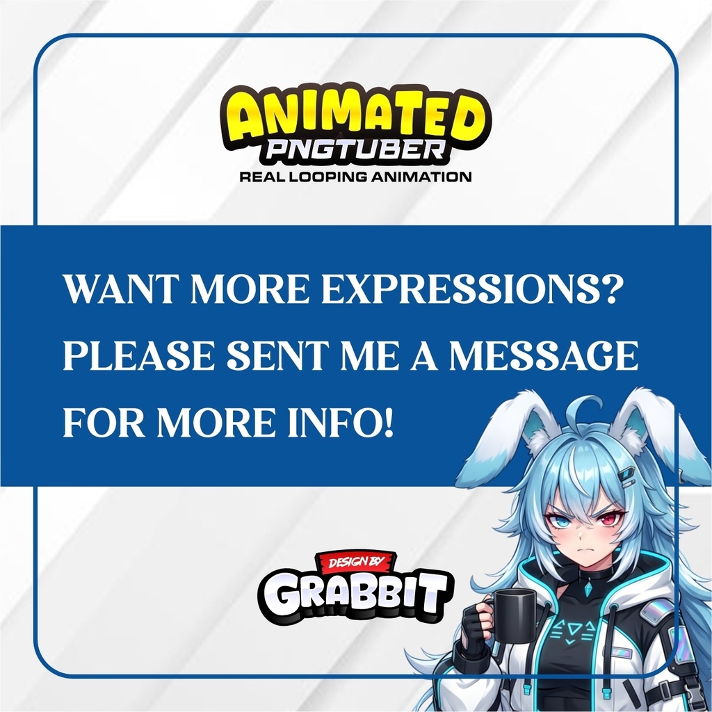 Veadotube - Cyber Bunny Girl PNGTuber Model | Blue Hair Rabbit vtuber model | Futuristic Gamer Girl PNGTuber | 5 expressions