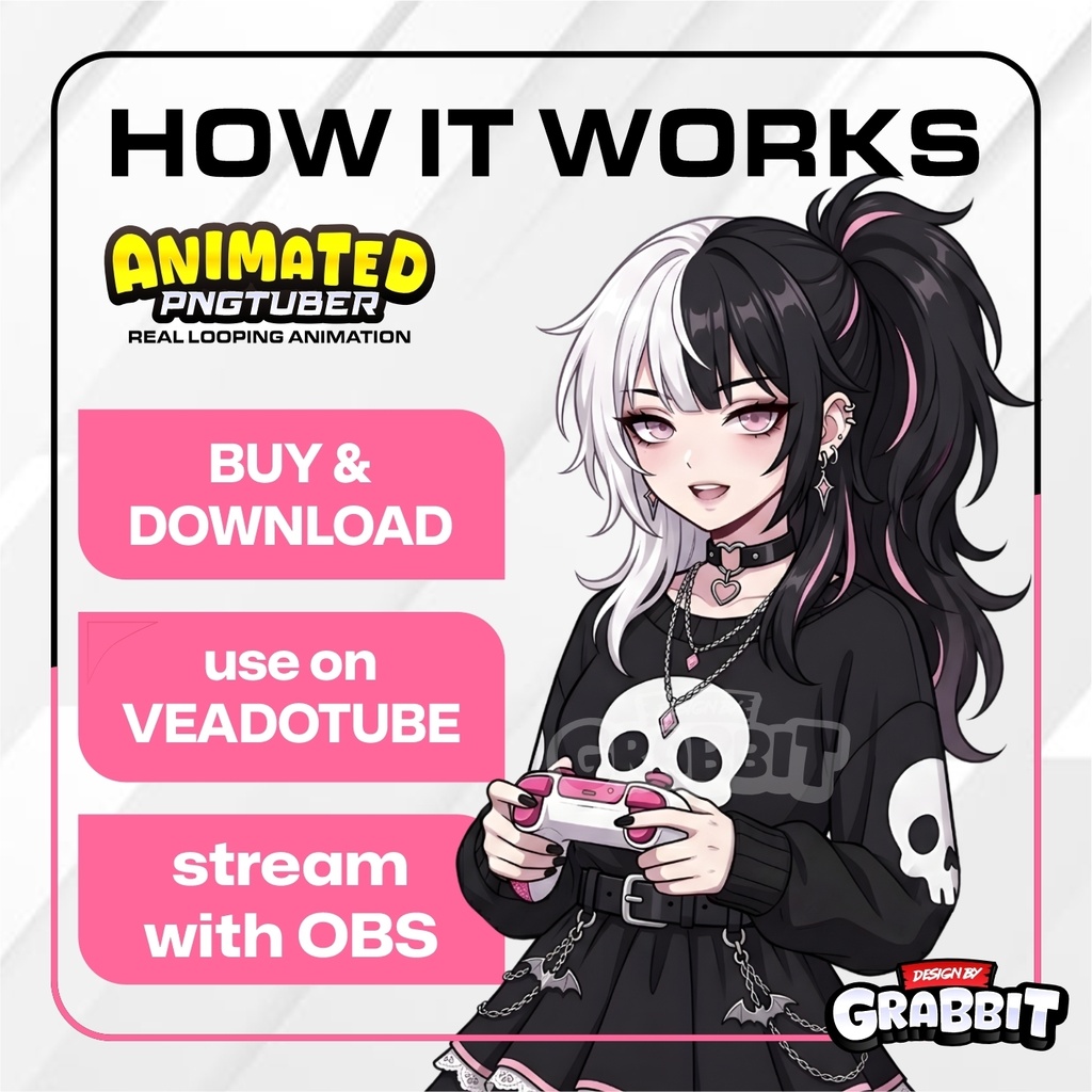 Goth Girl PNGTuber | Animated PNG VTuber | Black White Emo Girl Avatar | Cozy VTuber Model | Veadotube Mini