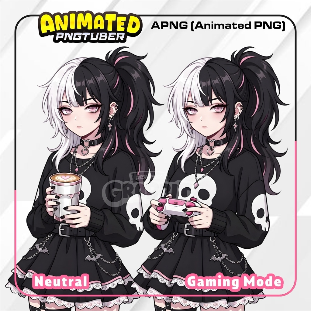 Goth Girl PNGTuber | Animated PNG VTuber | Black White Emo Girl Avatar | Cozy VTuber Model | Veadotube Mini
