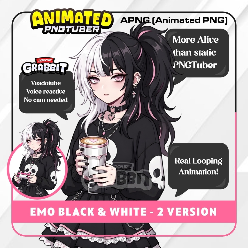 Goth Girl PNGTuber | Animated PNG VTuber | Black White Emo Girl Avatar | Cozy VTuber Model | Veadotube Mini