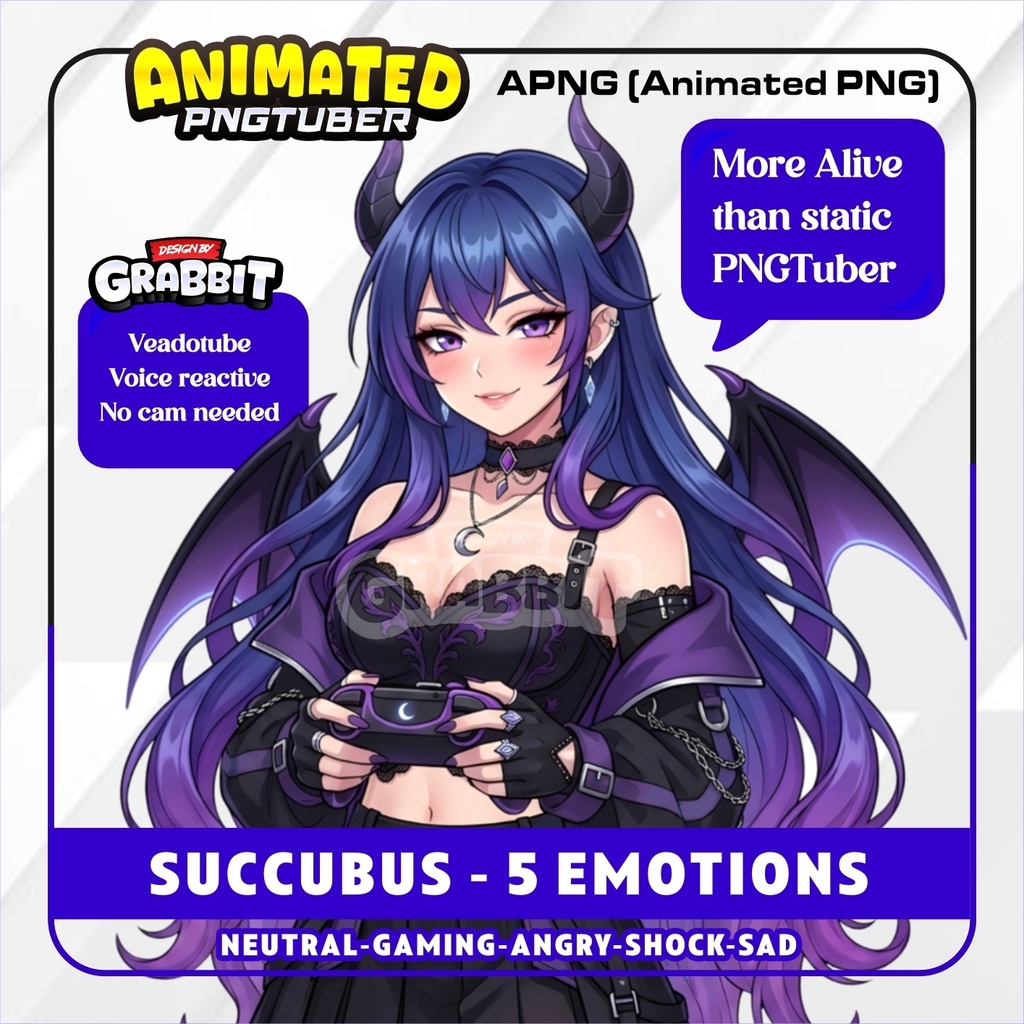 Succubus PNGTuber Model | Gothic Demon Girl Anime PNG Avatar | 5 emotions | Veadotube Mini Avatar