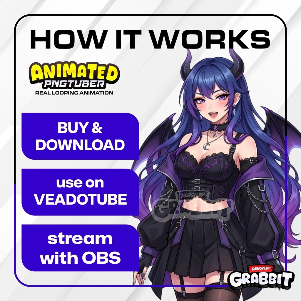 Veadotube - Blue Succubus PNGTuber Model | Gothic Demon Girl Anime PNG Avatar | Purple Fantasy VTuber