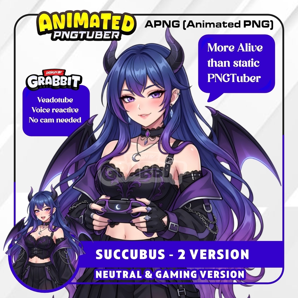 Veadotube - Blue Succubus PNGTuber Model | Gothic Demon Girl Anime PNG Avatar | Purple Fantasy VTuber