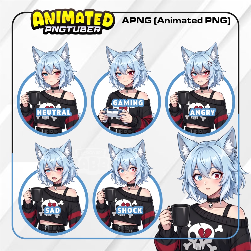 Veadotube - Blue Wolf Girl PNGTuber Model | Furry Wolf PNG Avatar | 5 emotions