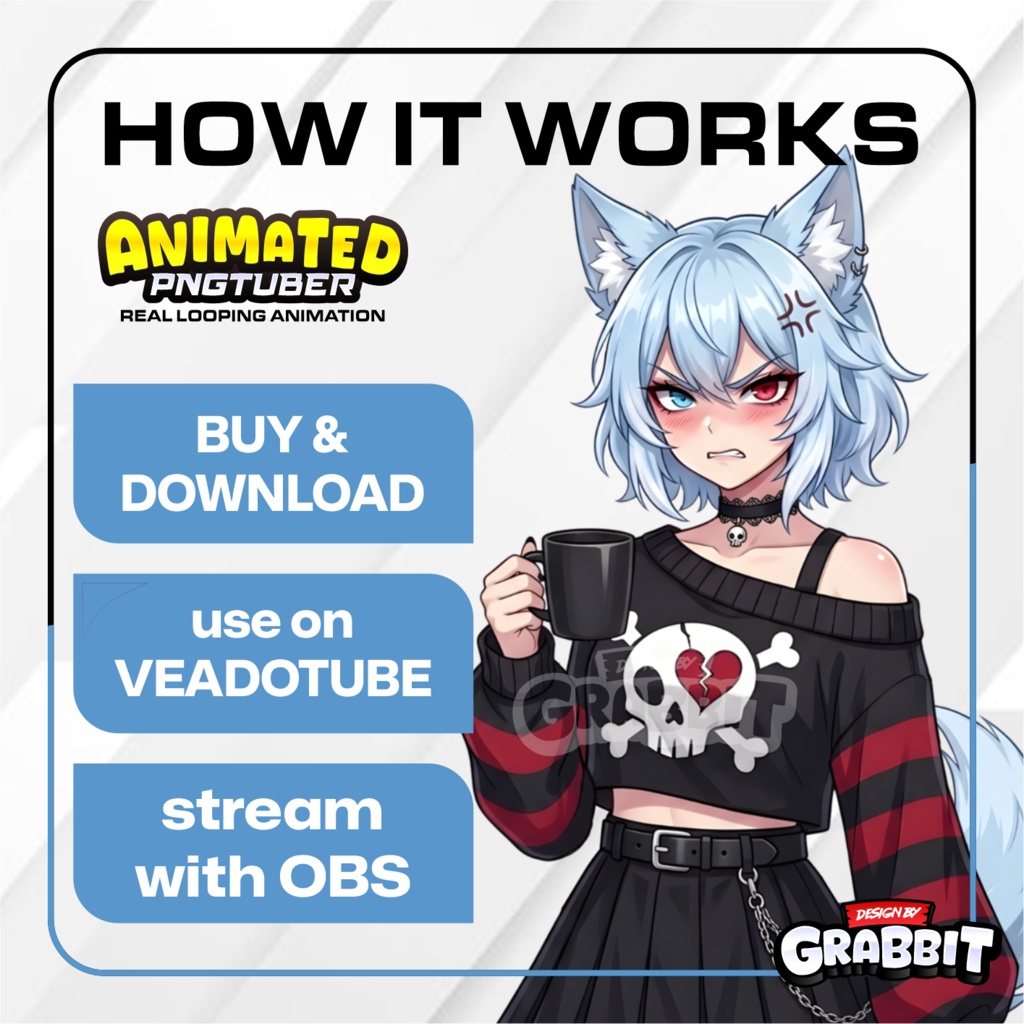 Veadotube - Blue Wolf Girl PNGTuber Model | Furry Wolf PNG Avatar | 5 emotions