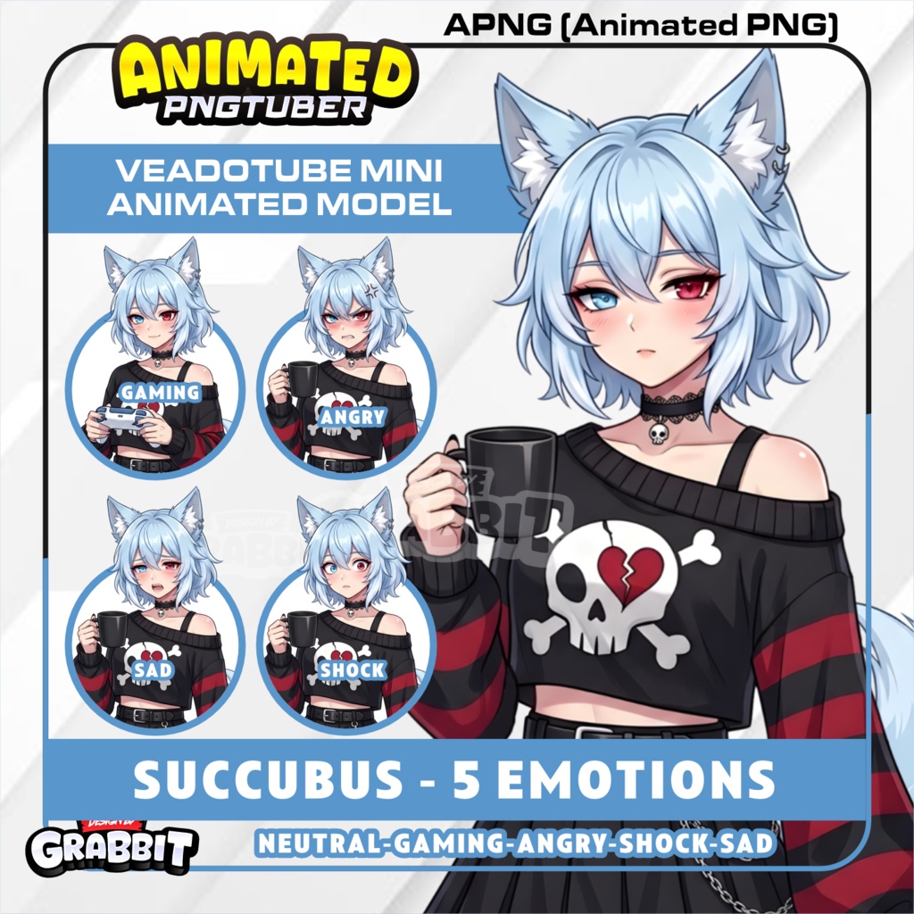 Veadotube - Blue Wolf Girl PNGTuber Model | Furry Wolf PNG Avatar | 5 emotions