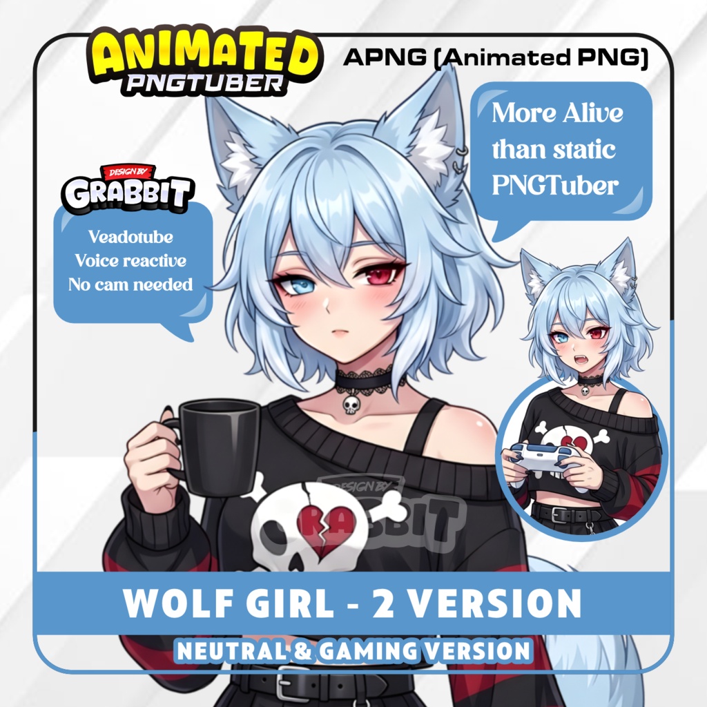 Blue Wolf PNGTuber Animated Model | Cozy Wolf Girl Anime PNG Avatar | 2 expressions | Veadotube Mini Avatar