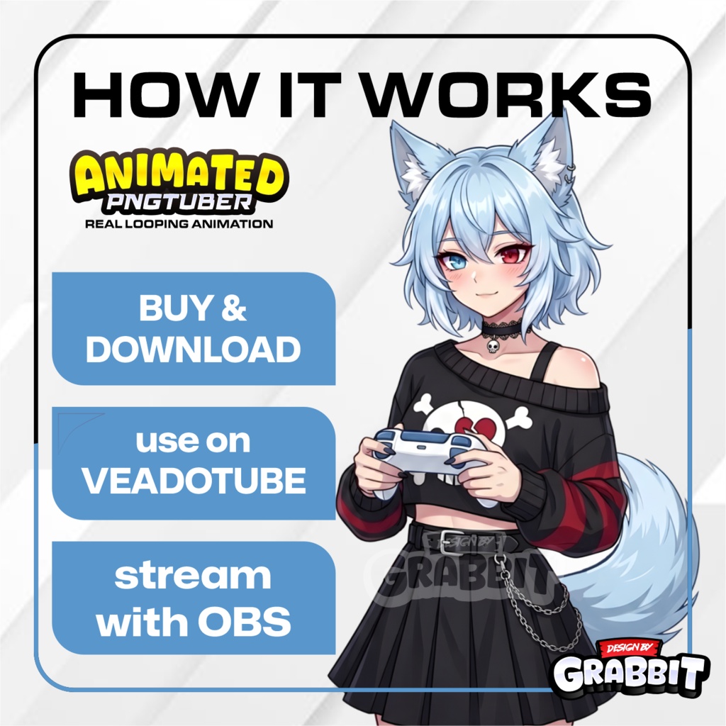 Blue Wolf PNGTuber Animated Model | Cozy Wolf Girl Anime PNG Avatar | 2 expressions | Veadotube Mini Avatar