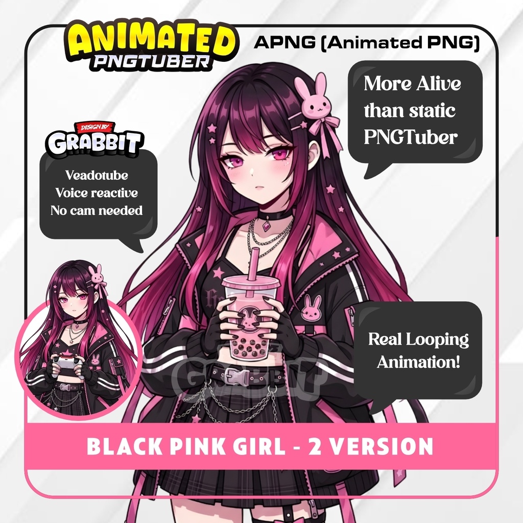 Black & Pink PNGTuber | Animated PNG VTuber | Pink Bunny Girl Avatar | Cozy VTuber Model | Veadotube Mini
