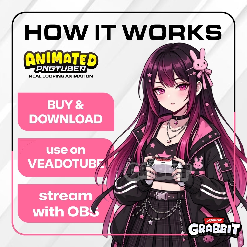 Black & Pink PNGTuber | Animated PNG VTuber | Pink Bunny Girl Avatar | Cozy VTuber Model | Veadotube Mini