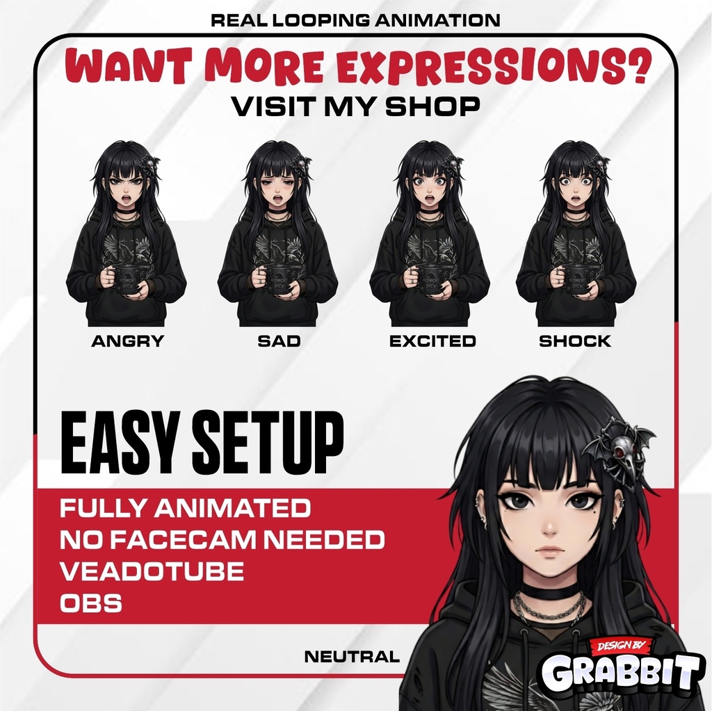 FREE! - Gothic Raven PNGtuber, 1 emotions, Veadotube Compatible