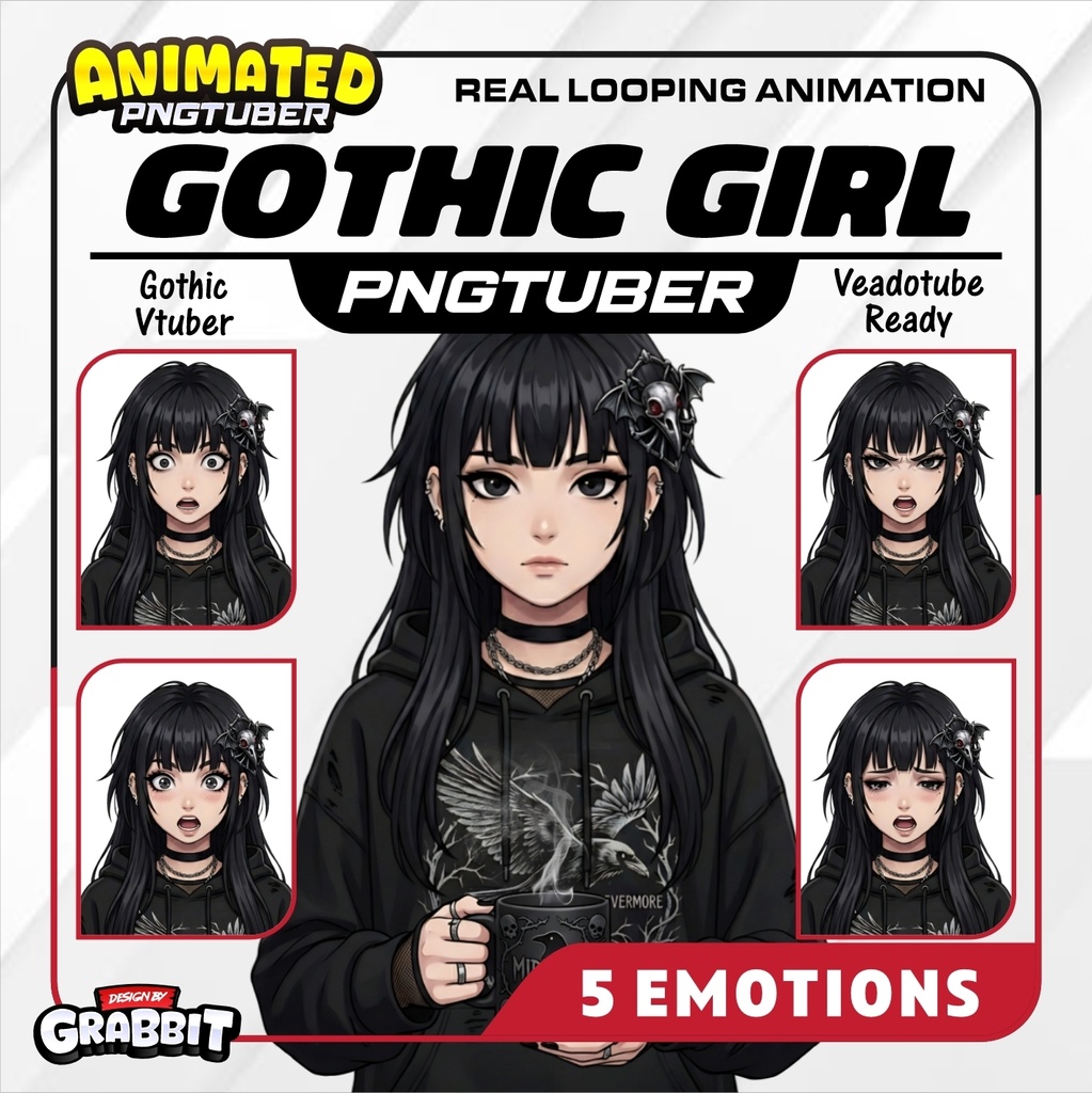 Gothic Female PNGtuber, Raven Girl 5 emotions, Veadotube Compatible