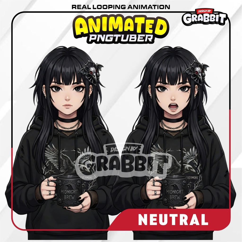 Gothic Female PNGtuber, Raven Girl 5 emotions, Veadotube Compatible