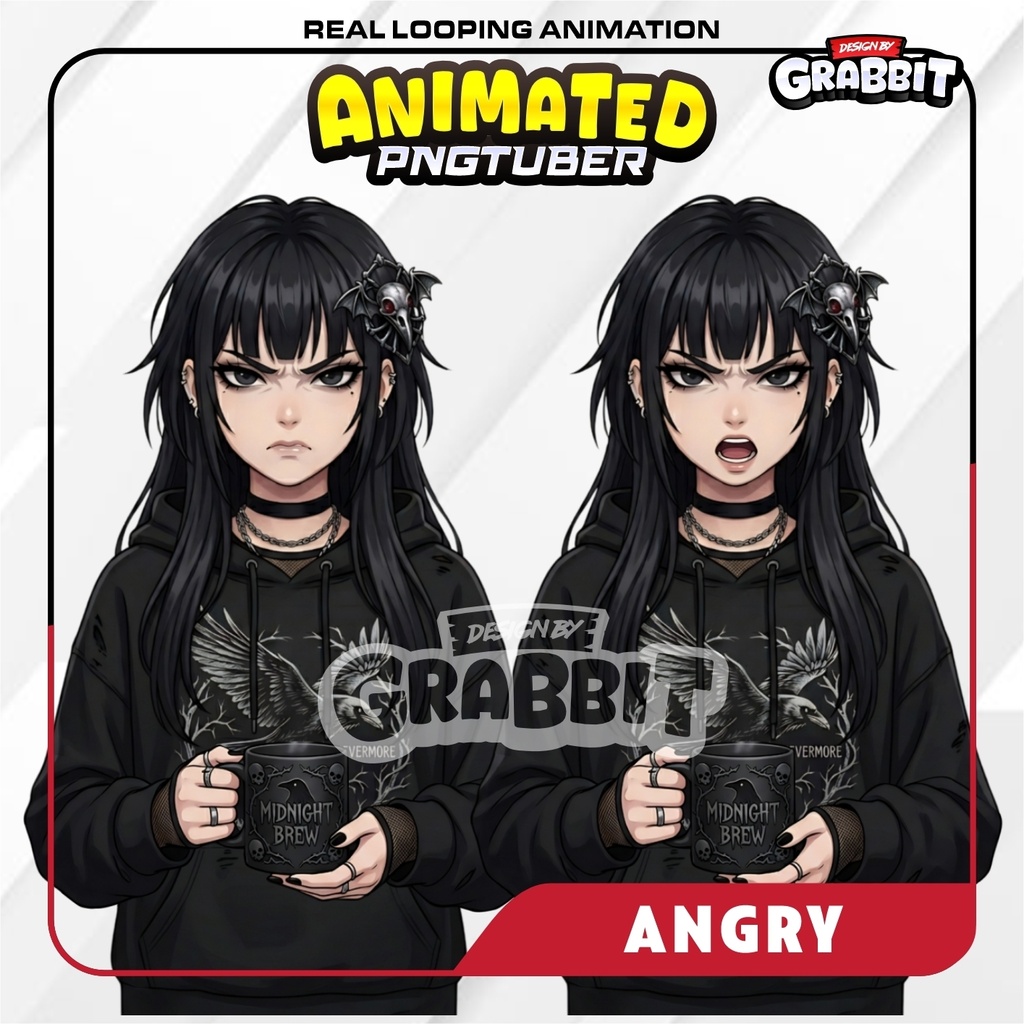 Gothic Female PNGtuber, Raven Girl 5 emotions, Veadotube Compatible