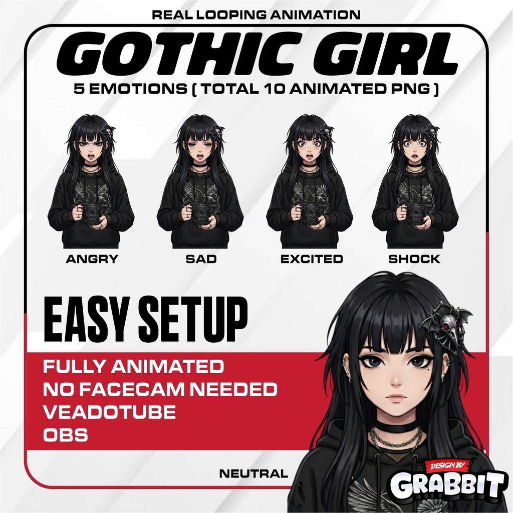 Gothic Female PNGtuber, Raven Girl 5 emotions, Veadotube Compatible