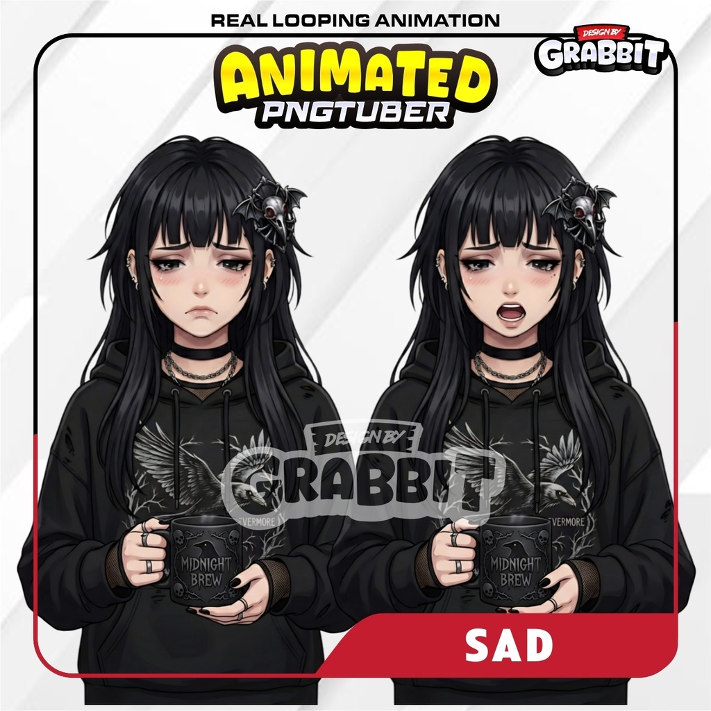 Gothic Female PNGtuber, Raven Girl 5 emotions, Veadotube Compatible