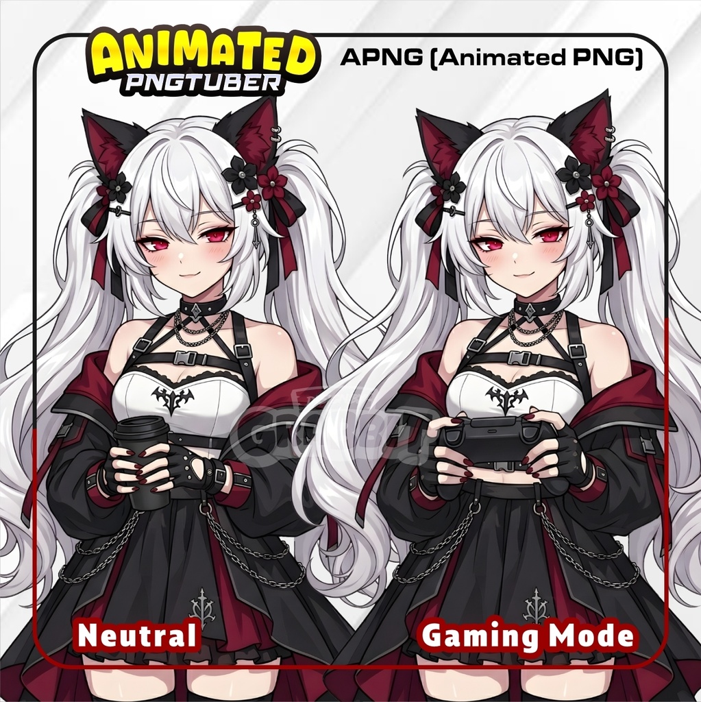 Goth Cat Girl PNGTuber Animated | Red & Black Gothic APNG Avatar | Demon Neko VTuber | Veadotube Mini