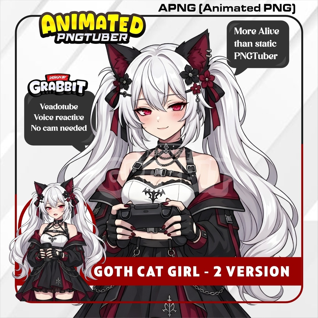 Goth Cat Girl PNGTuber Animated | Red & Black Gothic APNG Avatar | Demon Neko VTuber | Veadotube Mini