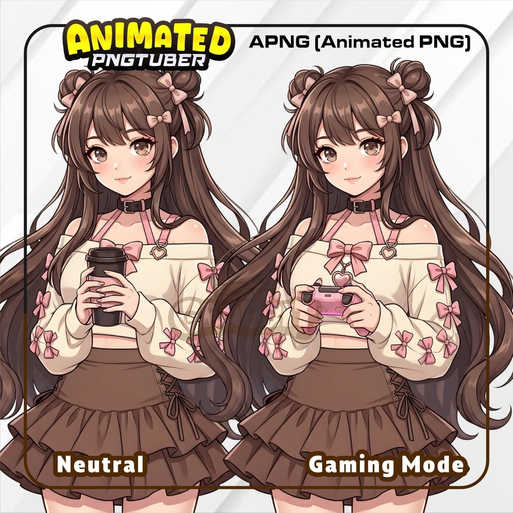 Brown Cozy Gamer Girl PNGTuber | Brown & Pink Aesthetic VTuber Character | Cacao vtuber | Veadotube mini model