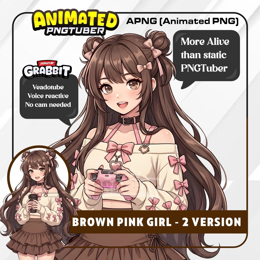 Brown Cozy Gamer Girl PNGTuber | Brown & Pink Aesthetic VTuber Character | Cacao vtuber | Veadotube mini model