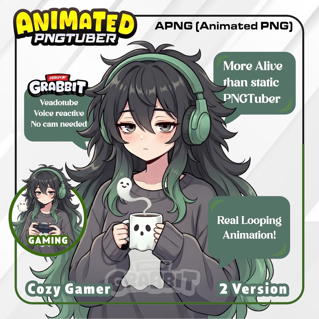 veadotube - Cozy PNGTuber Model, Sage Green Cozy Gamer Vtuber Avatar, Animated PNG (APNG)