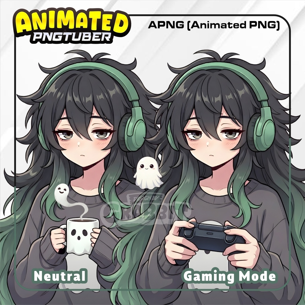 veadotube - Cozy PNGTuber Model, Sage Green Cozy Gamer Vtuber Avatar, Animated PNG (APNG)