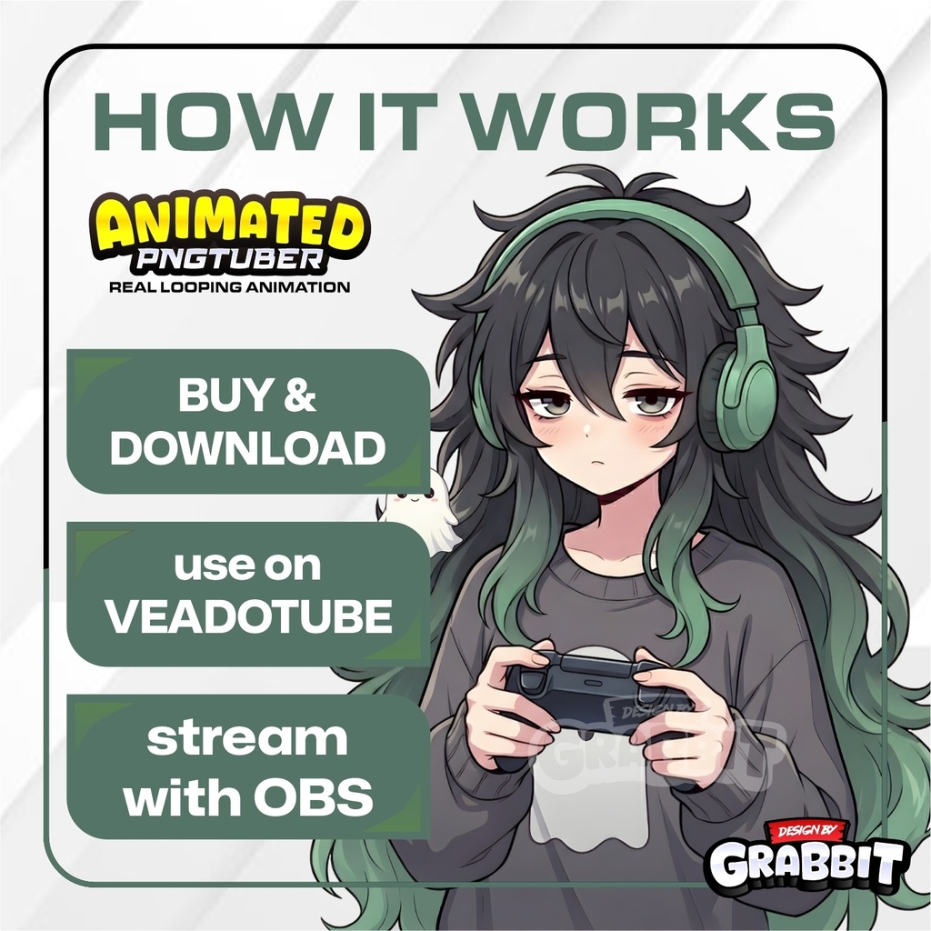 veadotube - Cozy PNGTuber Model, Sage Green Cozy Gamer Vtuber Avatar, Animated PNG (APNG)
