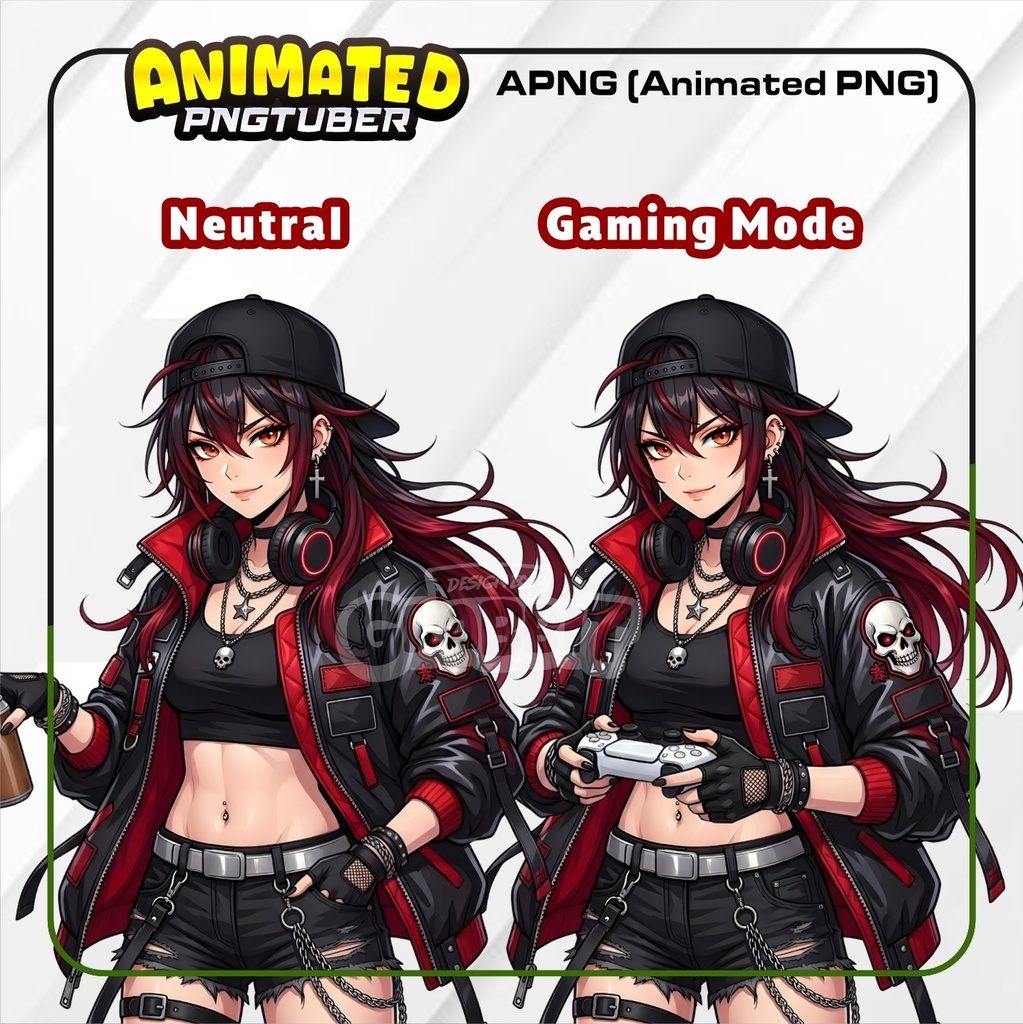 Female PNGTuber Punk Gamer Girl | Animated PNG VTuber | Red Black Streetwear Anime Avatar | Cozy Gamer PNGTuber | Veadotube Mini